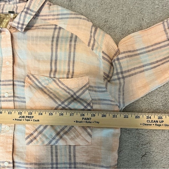 Free People Womens Button Up Shirt Large Peach Plaid Relaxed Dolman Sleeve Crop - Picture 8 of 9